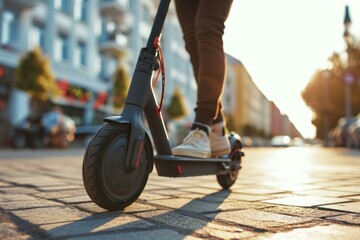 Close-up of a person's feet on an e-scooter, cruising through city streets at golden hour