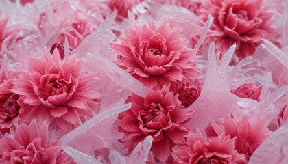 abstract background of close up of pink and red frozen flowers in ice