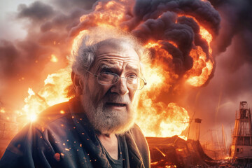 An elderly man with glasses stands calmly in front of a raging fire from a burning house, set against the backdrop of war
