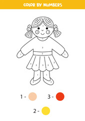 Color cartoon toy doll by numbers. Worksheet for kids.