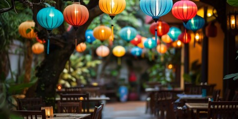 Obraz premium A tranquil evening ambiance with vibrant paper lanterns hanging above an empty outdoor dining area