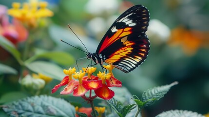 Naklejka premium A beautiful butterfly with vibrant orange, black, and white wings is perched on a flower. The flower is surrounded by green leaves.
