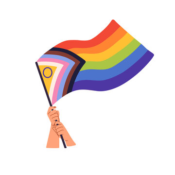 Activist holds intersex inclusive progress flag in hand. Person waving symbol of LGBT, LGBTQ. Queer, non binary rainbow. Parade of pride month, solidarity. Flat isolated vector illustration non white