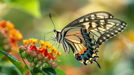 Fototapeta premium A beautiful butterfly with yellow, black, and blue wings is perched on a flower. The butterfly is surrounded by green leaves and the flower is orange.