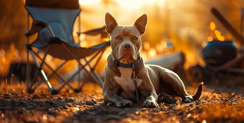 A beautiful brown pitbull dog wearing a collar is lying on the ground next to an outdoor