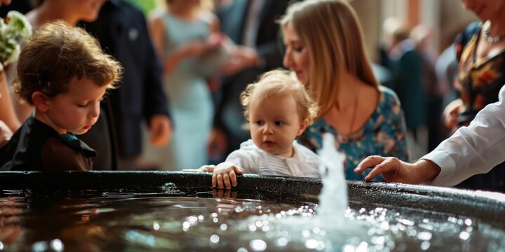Young children playing with water at a baptism reception