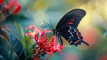 A beautiful black butterfly with red and white markings on its wings is perched on a red flower. - Powered by Adobe