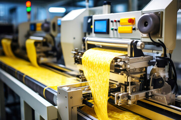 A pasta factory machine intricately weaving together strands of golden yellow ribbon