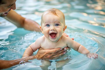 Infant swimming. A baby swims in the pool with a trainer. A happy and smiling baby. The trainer's hands are holding the baby. Early development classes for infants.