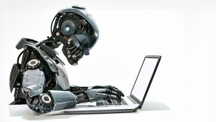 A humanoid robot calmly perched on top of a modern laptop, symbolizing the convergence of artificial intelligence and technology