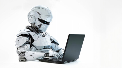 A futuristic robot sits confidently at a table, skillfully using a laptop to navigate the digital world with ease