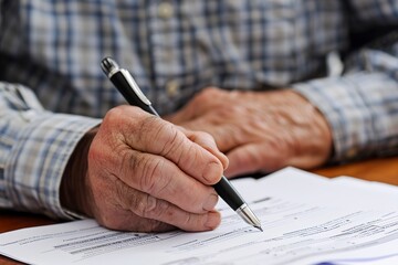 older man is seen writing on a piece of paper, reviewing a pension transfer form