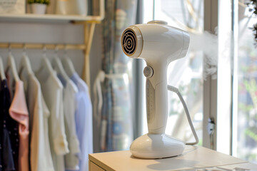 A handheld garment steamer with continuous steam flow, effectively removing wrinkles from clothing.