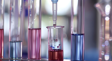 Dripping liquid from pipette into test tube in laboratory, closeup