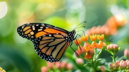 A beautiful monarch butterfly hovers over a flower, its wings spread wide. The butterfly is black, orange, and white, with a long, thin body.