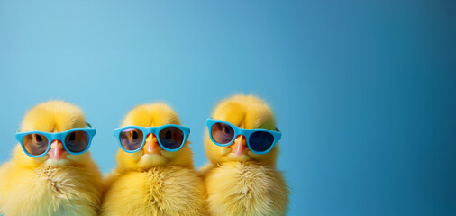 Three baby chicks wearing sunglasses and standing in front of a blue background. The image conveys a playful and lighthearted mood. A yellow chicks with blue sunglasses bang, studio blue background. - Powered by Adobe