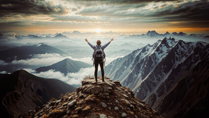A woman with a backpack standing on a rocky cliff , arms raised , overlooking a scenic mountain...