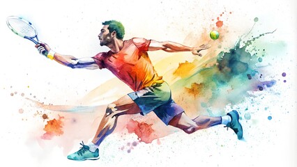 Man tennis player with a racket in action, constructed from a colorful array of watercolor splashes, conveying the grace and athleticism inherent in the sport