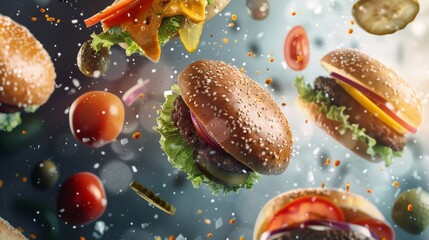 Dynamic poster design showcasing floating burger ingredients in a dynamic layout