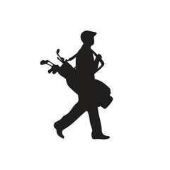 Simple black and white caddy silhouette walking with a bag full of golf clubs
