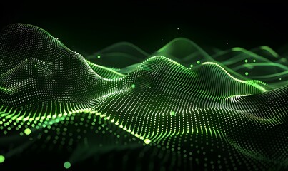 abstract digital wave with green particles on dark background , Generative AI