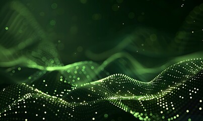 abstract digital wave with green particles on dark background , Generative AI