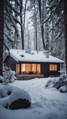 Snowy Retreat, Modern Cottage Amidst Serene Winter Forest Landscape