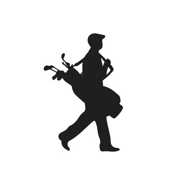 Simple black and white caddy silhouette walking with a bag full of golf clubs