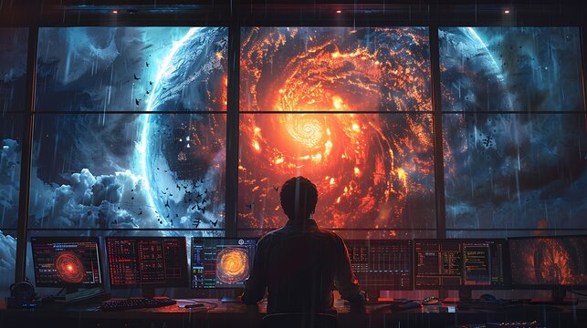 An over-the-shoulder view of a meteorologist at work during a severe weather event, focusing on a monitor showing live radar images and complex weather data.