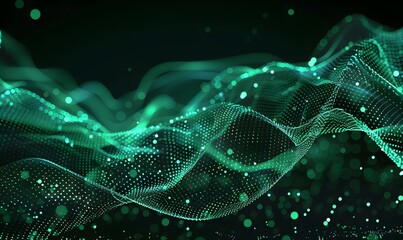 abstract digital wave with green particles on dark background , Generative AI
