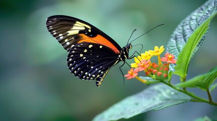 Fototapeta premium A beautiful butterfly with black, orange, and yellow wings is perched on a flower. The butterfly is surrounded by green leaves.