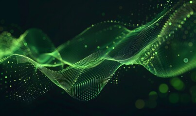 abstract digital wave with green particles on dark background , Generative AI