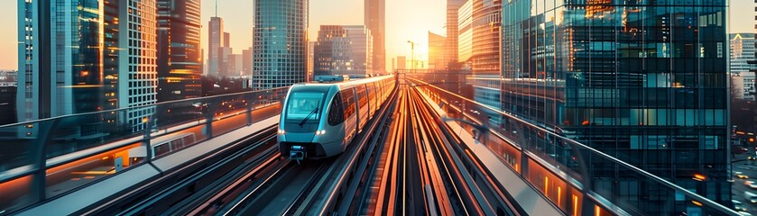 Fototapeta premium High Speed Subway Train Cutting Through Futuristic Glass Tunnel in Bustling Metropolis at Twilight