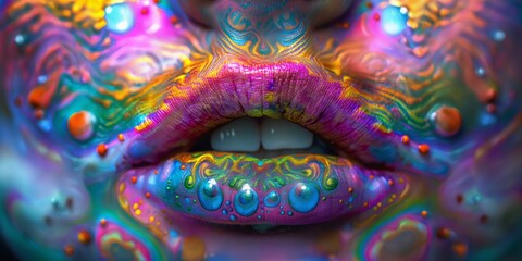 Erotische Sexy Lippen einer Frau in Retro mit Painting und Neon Farben Psychedelic als Poster