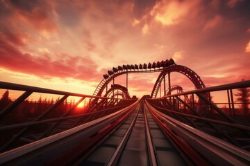 Peaceful Roller coaster sunset. Sky rail. Generate Ai