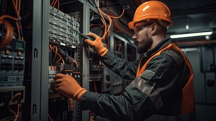 Electrician repairing damaged switchboard, critical control center of electrical systems.