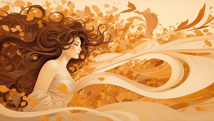 Gilded Elegance: Woman's Golden Hair Cascades Amidst a Whirl of Petals, Evoking Beauty and Fantasy