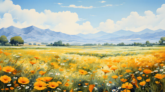 Marigold Meadows: Endless fields of vibrant marigolds create a sea of orange and yellow, watercolour illustration.