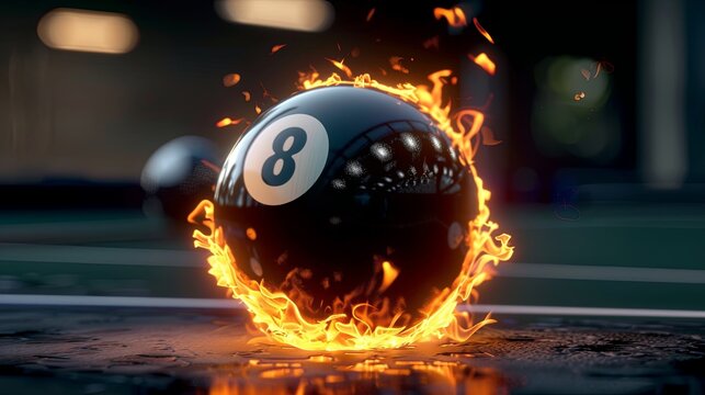 8 Ball on fire: Dark fantasy. Black eight ball snooker ball with flames around its edges and signs of extreme heat.