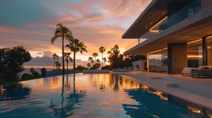 Fototapeta premium Behold the exterior of an amazing modern minimalist cubic villa, surrounded by palm trees and featuring a large swimming pool.