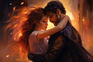 Artistic depiction of a loving couple in a warm embrace, illuminated by a vivid sunset