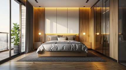 In the modern bedroom, a wooden wardrobe embodies minimalist style interior design.