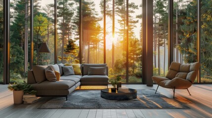 In the modern living room, a sofa and chair are positioned against a floor-to-ceiling window, offering a picturesque view of the forest, in line with Scandinavian home interior design.
