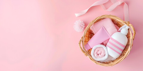 Items prepared for spa and beauty treatments on a pink background.