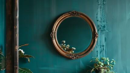 Classic antique mirror encased in a rustic copper frame, beautifully contrasted with a deep teal wall to enhance its allure
