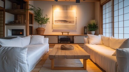 In the modern living room, Japanese minimalist style interior design is showcased. Two white sofas flank a rustic coffee table against a wall adorned with a poster and fireplace.