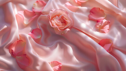 A pink rose was placed on a flowing cloth.
