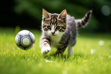 Obraz premium Lifestyle portrait photography of a cute american shorthair cat playing with ball of wool on lush green lawn