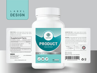 Food supplement multi vitamin label sticker design and dietary medicine bottle jar box packaging.