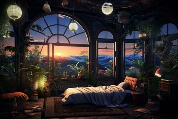 Tranquil home interior with plants overlooking a scenic sunset